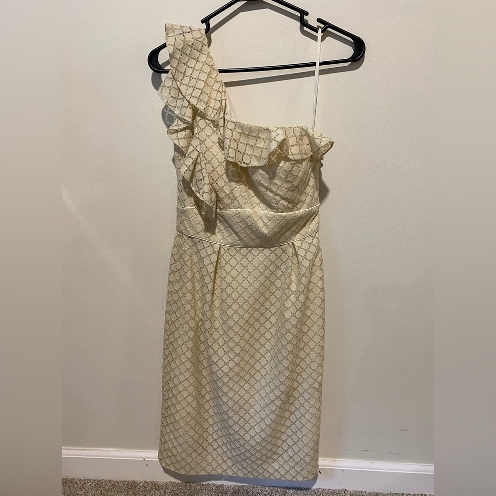 Antonio Melani Dress | cream and gold one shoulder dress